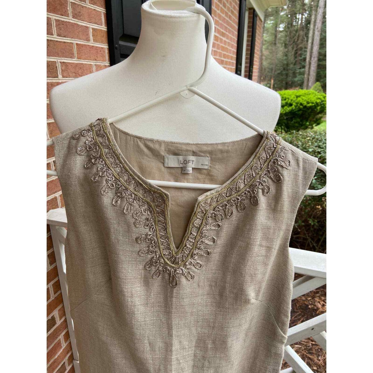 loft beige dress Gathered Lantern Sleeve Dress