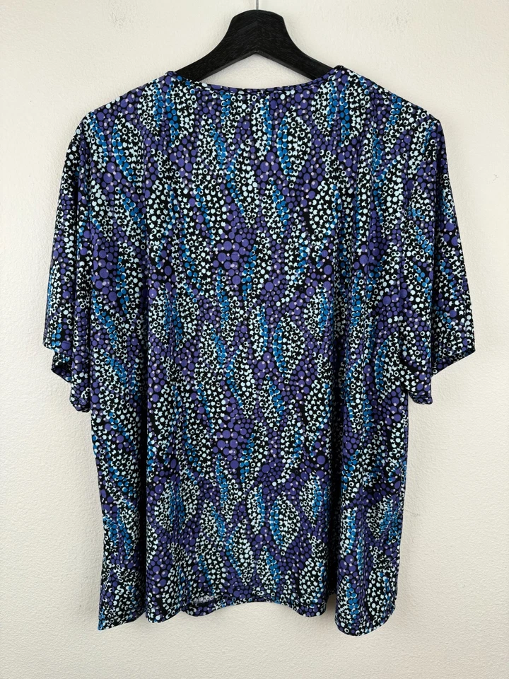 Top de mujer JM Collection talla 3X azul púrpura manga corta punto artístico elástico Foto 4 de 4