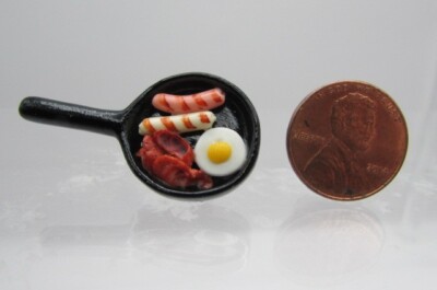 Dollhouse Miniature Fried Egg Bacon Sausage Breakfast in Frying Pan G6369