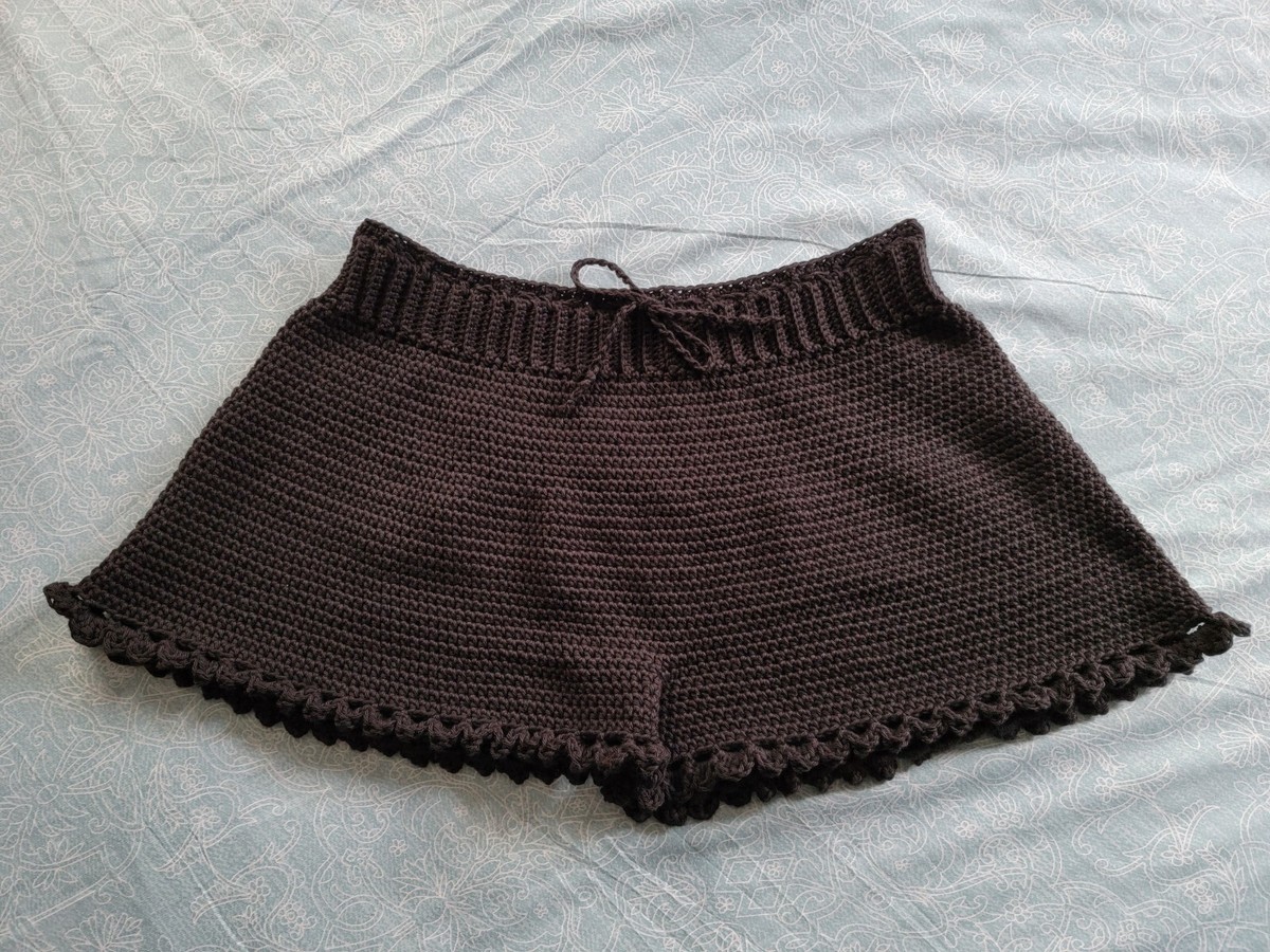 Crochet Drawstring Shorts 100% Cotton Women M Handmade Wide Leg Black