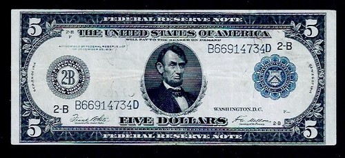 1914$5 dollar bill blue seal Federal Reserve Note VF+ - 第 1/2 張圖片
