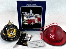 Fire Fighter Christmas Ornament Set of 3 Fire Truck Helmet Fireman Captain NEW