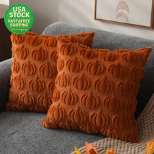 Set of 2 Rust Pumpkin Fall Pillow Covers 18X18 Soft Plush Decorative Cushions
