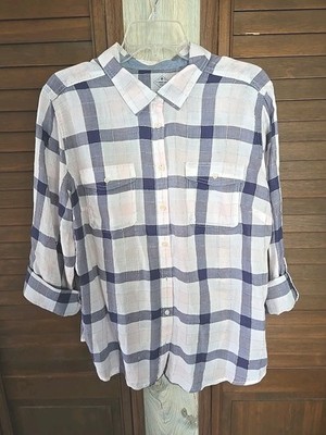 NWT St John's Bay Womens Navy Pink Check Button Up Blouse Metallic Thread Sz XXL