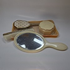 Vintage Celluloid French Ivory Vanity Set - Mirror, Brush, Comb, Jar, Tray