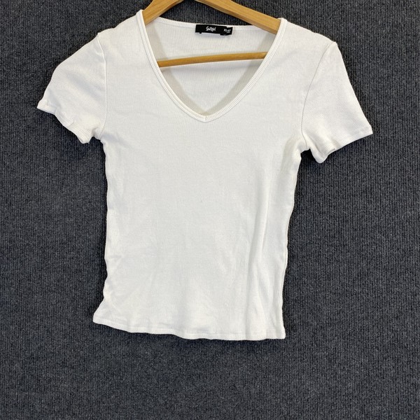 Sportsgirl Shirt Womens XS White Ribbed V Neck T Shirt Basic Summer Casual
