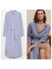 NWT Mango Belted Midi Striped Cotton Shirt Dress Blue & White Size 4