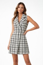 Alice + Olivia Tweed Plaid Shift Dress Sleeveless Black White Size 4