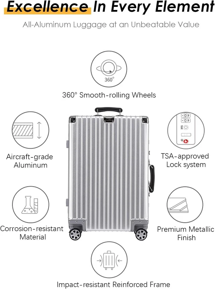 Bagagem de mão HotWay 20 polegadas toda em alumínio com alça de couro, capa dura  - Imagem 2 de 4