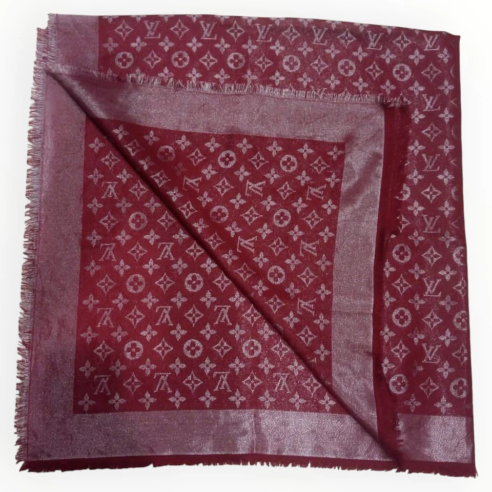 Louis vuitton red denim shawl lv monogram wool silk shawl warp M75748 - Image 3 of 4