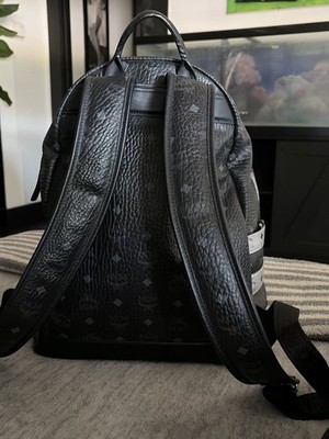 MCM Large Black/Silver Logo Backpack Zip Closure Adjustable Straps Pockets
