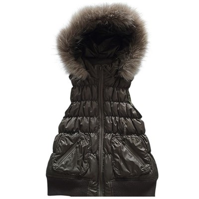 Orsay Women's Puffer Vest Jacket Green Hood Faux Fur Trim Zip Pockets SZ 38