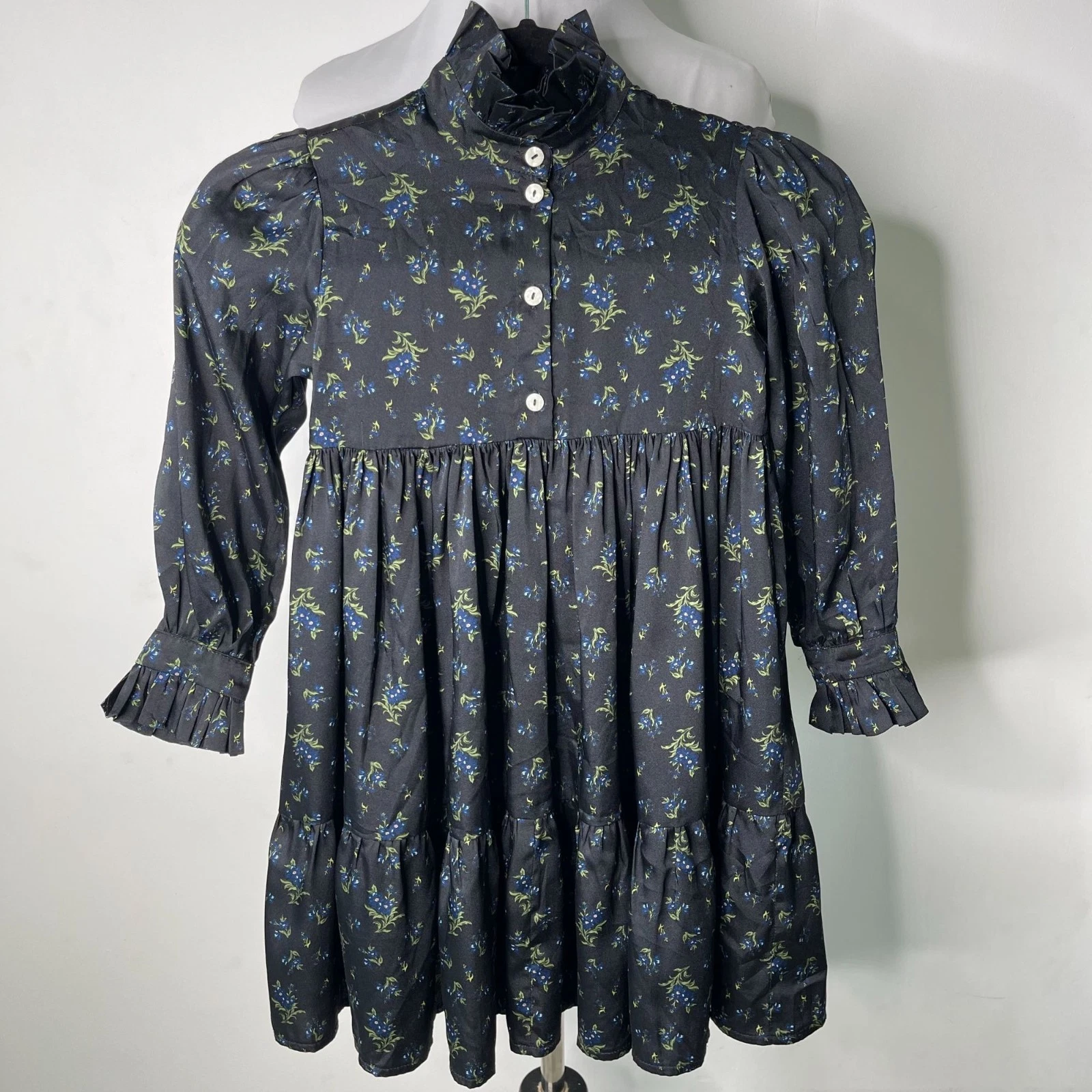 Christina Rohde Kid's Black Floral Long Sleeve Button Down Pleated Dress Size 5