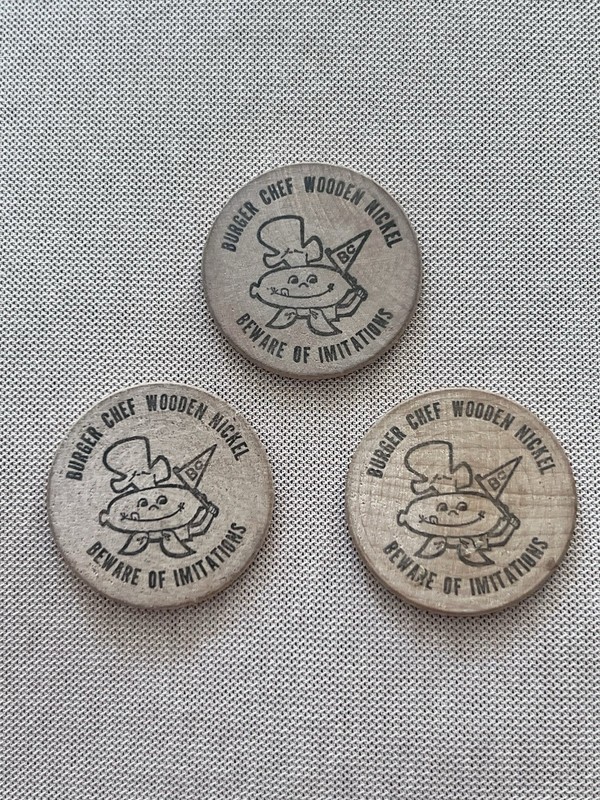 Lot of 3 Vintage Burger Chef Wooden Nickel 5¢ Trade Tokens Promo Coins Indiana