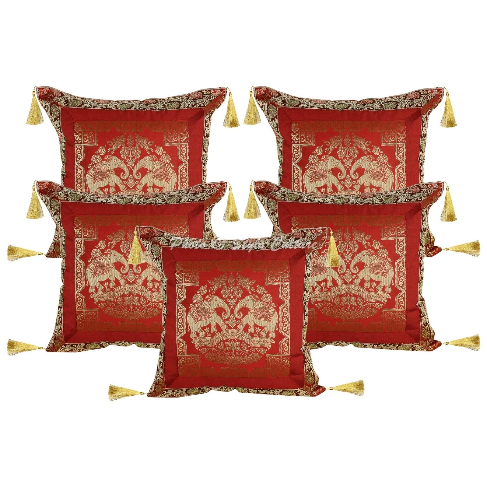 Bohemian Brocade Throw Pillow Covers Jacquard Tassels Maroon Elephant Home Decor