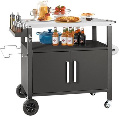 Grill Cart Table with Big Storage Cabinet, Movable Outdoor Dining Cart Pizza
