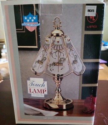 Vtg American Lighting 3-Way Brass Touch Desk Lamp W/carousel Frosted Glass Shade