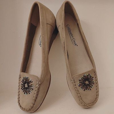 NEW Vintage Coldwater Creek Suede Leather Taupe Beads Mocassins Size 6 Wedge $69