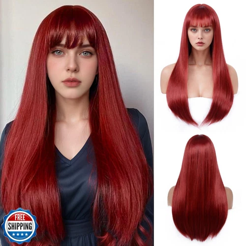 Bkiyyi Red Wig with Bangs for Women Long Straight Burgundy Wig for Grils Heat