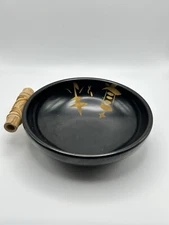 K. LaMoyne Ebonye Black Bowl With Bamboo Handle Signed Gold Insignia 9656