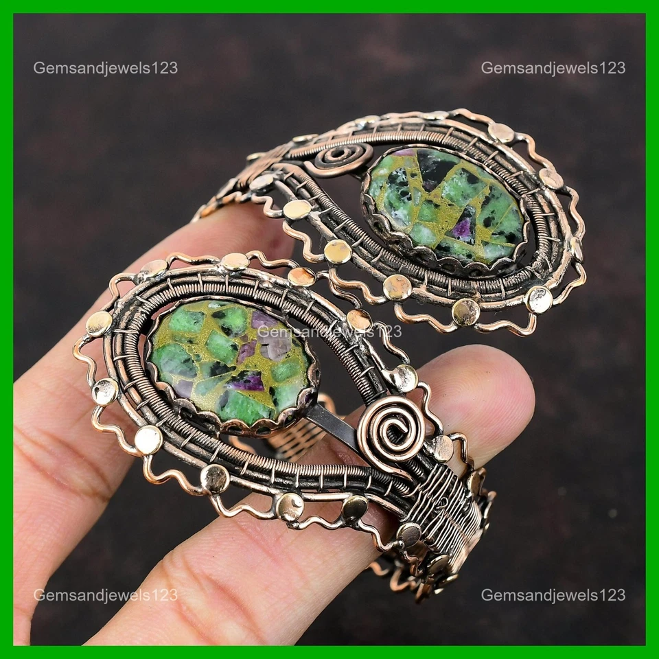 Brazalete envuelto en alambre de zoisita rubí cobre natural oferta del día de la mujer joyería cobre Foto 4 de 4