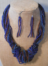 22 STRAND BLUE BROWN KNOTTED SEED BEAD NECKLACE EARRING SET WESTERN COWGIRL BOHO