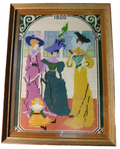 Vintage 80s Framed Needlepoint : 1900 Women Girls Fashion Border Glass - Picture 2 of 6