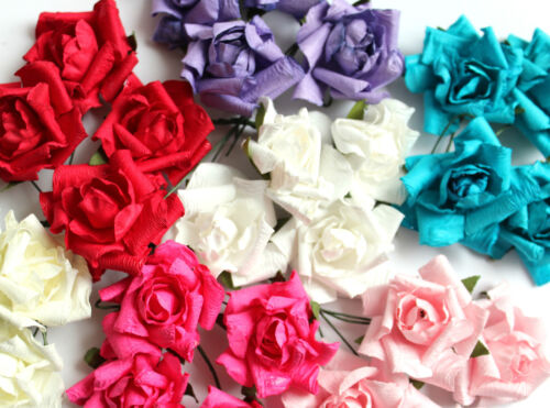 4 Shabby 35mm Paper Rose Flowers & Wire Stem Fr Card Making Craft Choice Colour - Bild 1 von 9