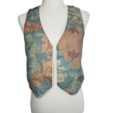 Vest Cloth Lined Vintage 70s Crop Open Front Size 8 Floral Teal Beige Piping