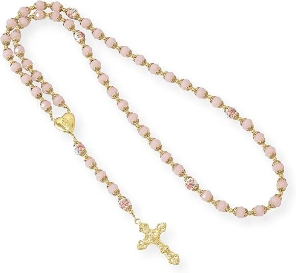 Pink Jade Crystal Beads Gold Rosary Necklace Miraculous Locket Medal & Cross - Image 2 of 4