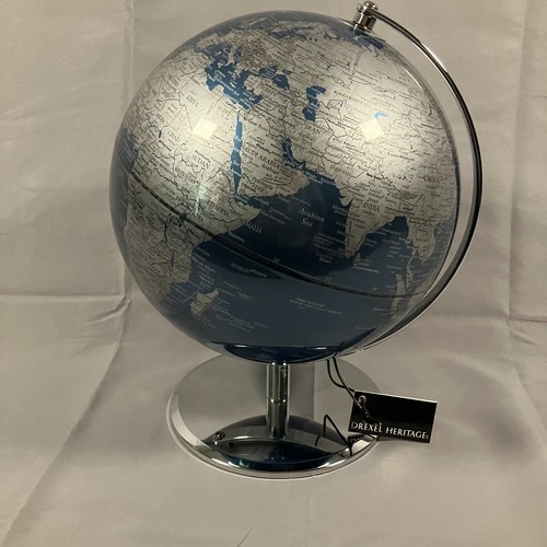 Drexel Heritage Blu Mezzanotte e Base Cromata 12” Mappamondo da Scrivania con Etichetta Decorativa - Foto 5 di 21