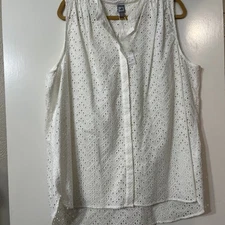 JCP 2X Crisp White Eyelet Sleeveless Summer Flowy Cotton Casual Button CollarNWT