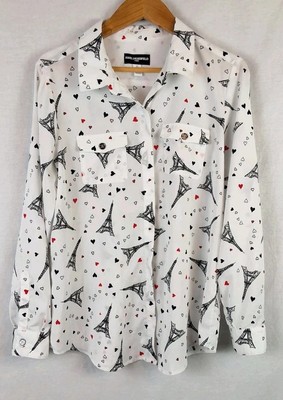 Karl Lagerfeld Blouse Eiffel Tower Hearts White Button Up Roll Tab Sleeve/Large