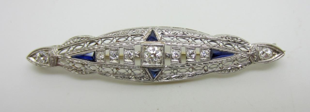 Vintage 14K White Gold Art Deco Diamond Sapphire Pin Brooch - LB2016