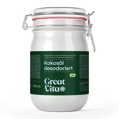 GreatVita Bio Kokosöl 1000ml geschmacksneutral (desodoriert) | 1L Kokosnussöl