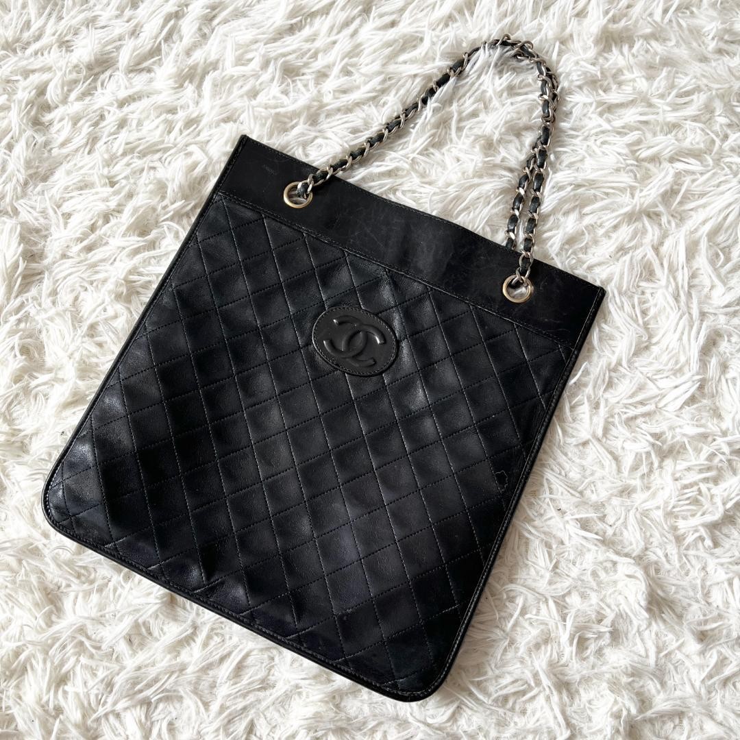 Chanel Matrasse Coco Mark Lambskin Black Chain Tote Designer Handbag