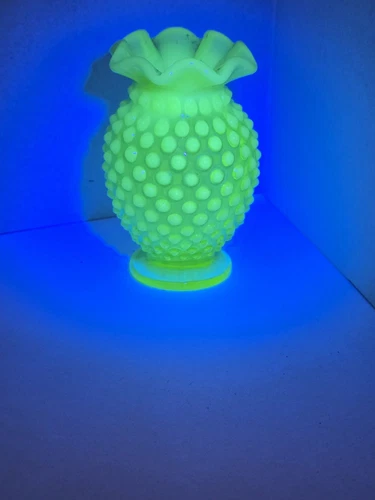 Fenton Hobnail Opalescent Glass Vase Green Small Glows Crimped Edges