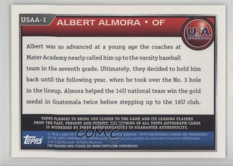 2010 Bowman Draft USA Team Auto Albert Almora #USAA-1 Auto - Image 2 of 2
