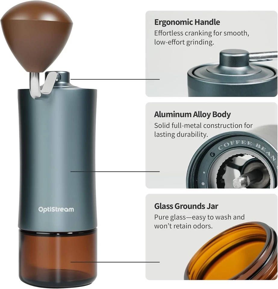 Molinillo de café manual 6 rebabas CNC420 acero, tarro de vidrio, tamaño de viaje, plateado Foto 3 de 4