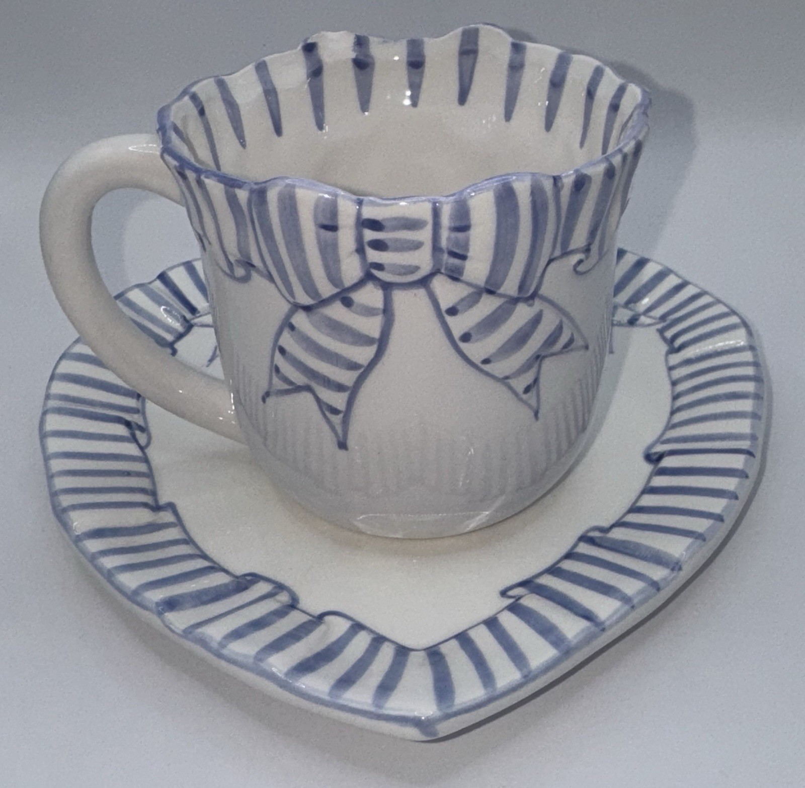 The Haldon Group Plate & Cup Set Blue White Stripes Ribbon Bow 1990 Vintage
