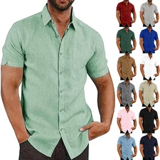 Mens Solid Short Sleeve Button Turn Down Collar Casual Blouse Casual T-shirt Top
