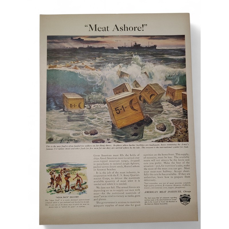 1943 Meat Ashore Print Ad Crates Canned Meat Wartime Food Supply 1940s Ephemera