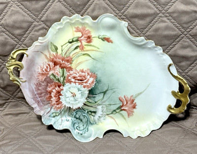 Vintage J.P. Haviland Limoges Hand Painted Carnation Serving Tray Gold Handles