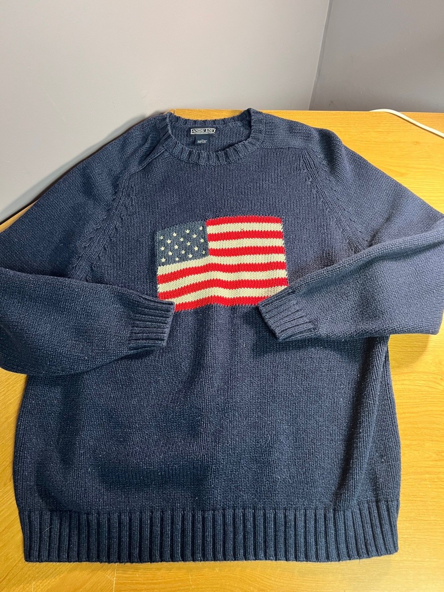 Vintage LANDS END Sweater Mens 1X American Flag Heavy Weight Knit 