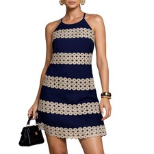Lilly Pulitzer Navy Seersucker Gold Lace Shift Dress Size 10 Halter Metallic