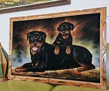 Hermoso Rottweiler de Terciopelo Vintage con Cachorro MidCentury Enmarcado "39x27" México