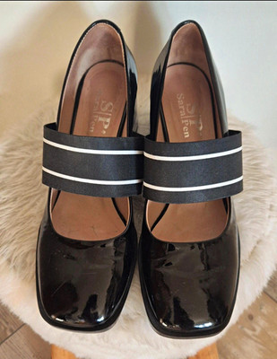Spirit Damen Pumps Schwarz Lackleder EU 39 Blockabsatz mittel Karree Riemen