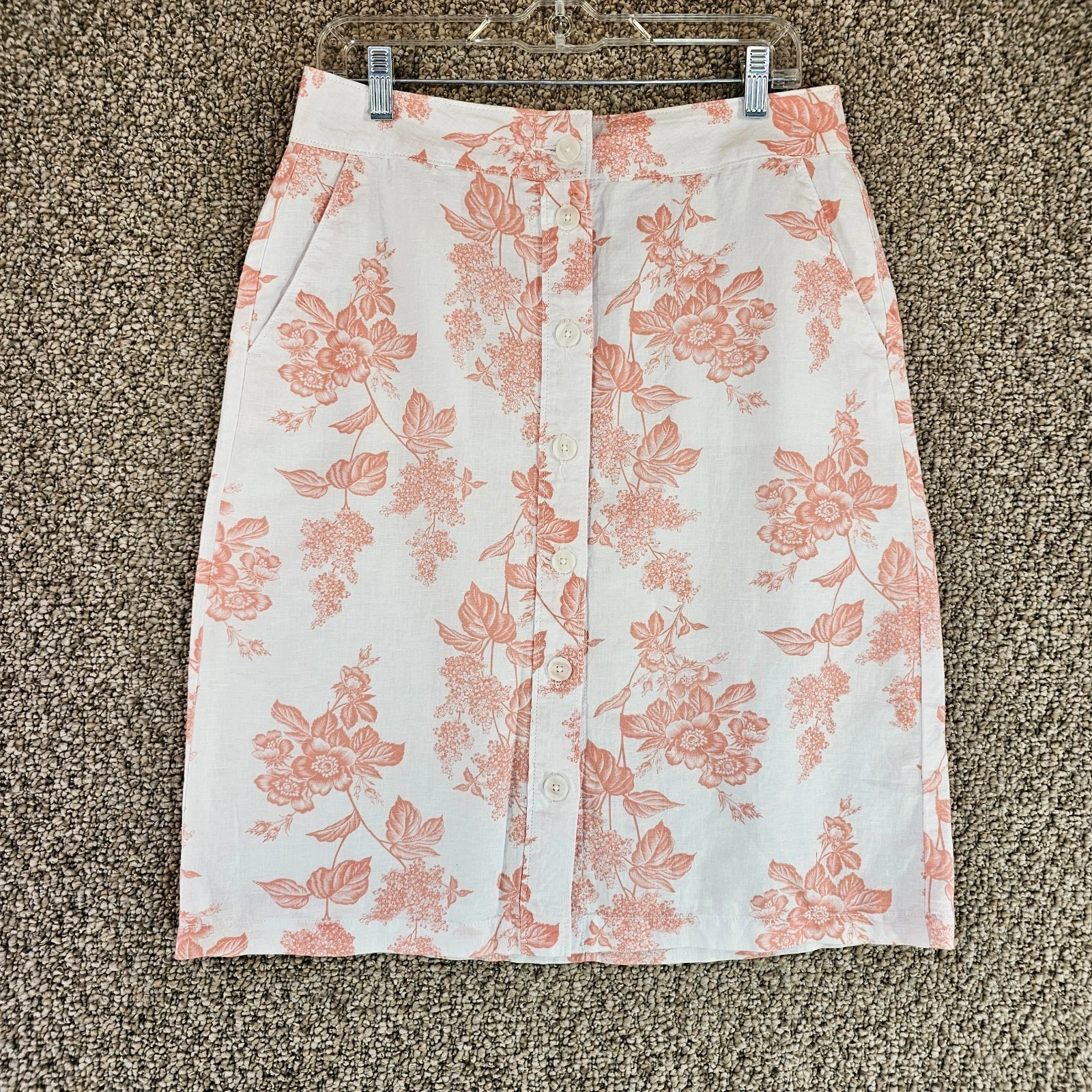 Liz Claiborne Linen Skirt Womens Sz 8 Button Front Pockets Floral