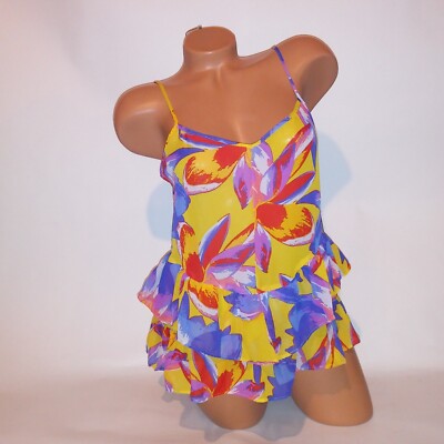 Sofia Vergara Tank Top Womens Medium Yellow Blue Red Abstract Ruffle Chiffon new