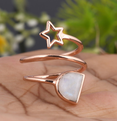 Triple Band Spiral Ring Rose Gold Plated Star Shape Ring With D Shape Moonstone